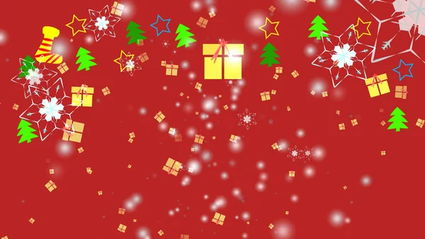 礼盒雪片花和六星六枝刺翅飘落红底 圣诞节红的冰尘颗粒元素和右上方红的大的冰尘颗粒元素 — 图库照片