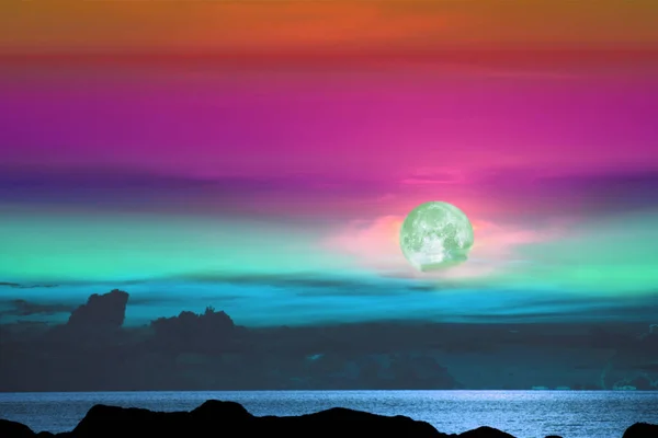 Green Moon Tree Silhouette Mountain Sunset Sky Elements Image Furnished — Stock Photo, Image