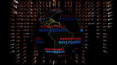 World map with ransomware encryption digital text rotating and alphabet matrix ray background