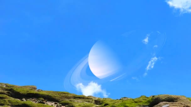 Saturn Back Top Mountain Blue Sky White Cloud Background Dolly — Stock videók
