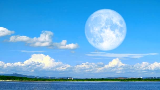 Super Blue Moon Rise Back Landscape Mountain Blue Sky Cloud — Stockvideo
