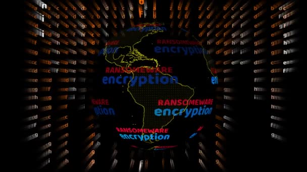 World Map Ransomware Encryption Digital Text Rotating Alphabet Matrix Ray — Vídeos de Stock
