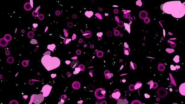黒い画面の上に浮かぶ粒子状の大きな心と泡 — ストック動画