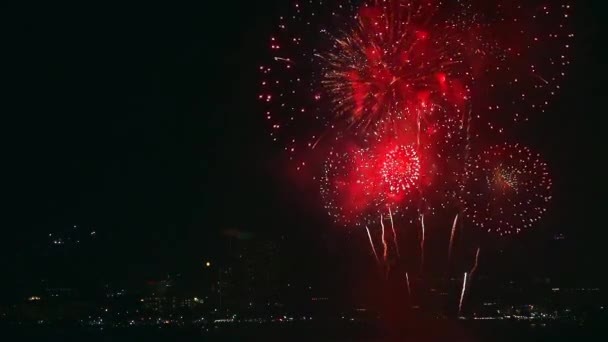 国際花火大会やパタヤの夜のライトの下では 花火の色のぼかしが祝われます — ストック動画