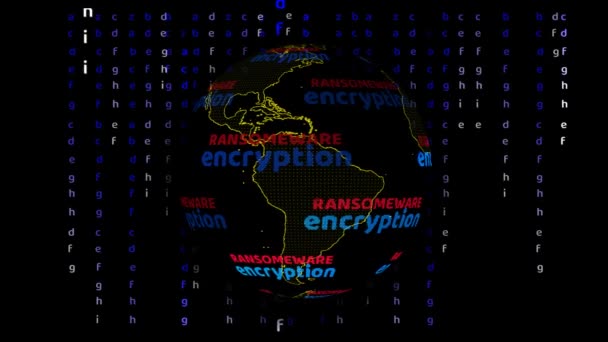 Mapa Świata Szyfrowaniem Ransomware Obracanie Tekstu Cyfrowego Tło Macierzy Alfabetu — Wideo stockowe