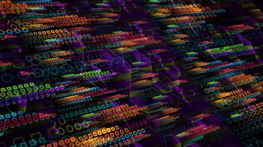 Büyük veriler ve soyut turuncu bölge poligon arkaplanı için kuantum bilgisayarı gelecekteki dijital boyut holografik süreci ve analizi