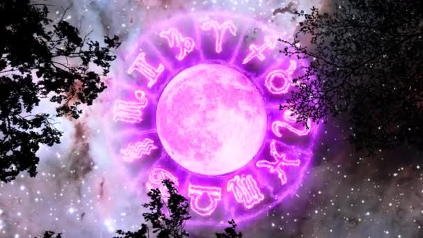 超全粉色月亮和12个黄道带星座边界火栓效应在空间和心房星云背景上的侧影树枝树上旋转 — 图库视频影像