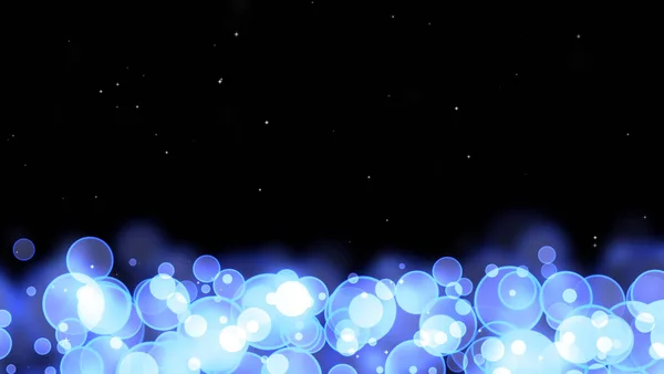 圆形的泡泡闪烁着蓝色的随机大小 背景是黑色的孤立背景上的白星 — 图库照片
