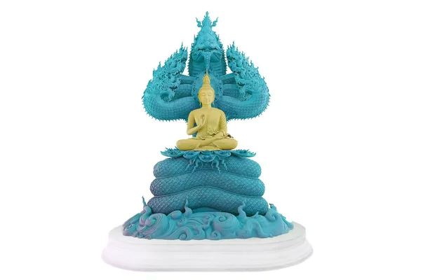 Budda Chroniony Przez Kaptur Mitycznego Króla Naga Aqua Kolor Izolowany — Zdjęcie stockowe