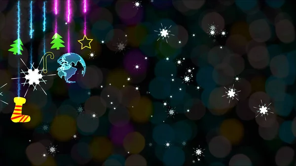 圣诞五彩缤纷的主题有数码世界旋转着袜子星星树挂在天花板上跳舞滑稽派对长长的枝条雪片彩虹模糊的背景 — 图库照片
