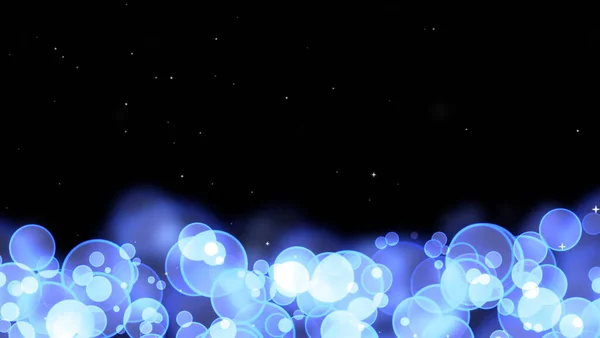 圆形的泡泡闪烁着蓝色的随机大小 白色的星星在黑色的孤立上 — 图库照片