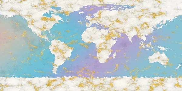 世界地図陸と氷の大地に白い大理石と虹色の海の色と金の鉱物の質感 — ストック写真