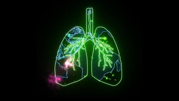 肺緑色のデジタルアニメーションとブラックスクリーンにピンクのエネルギーが流れる血管の中で飛んでいるグローバルで粒子緑色の水素 — ストック動画
