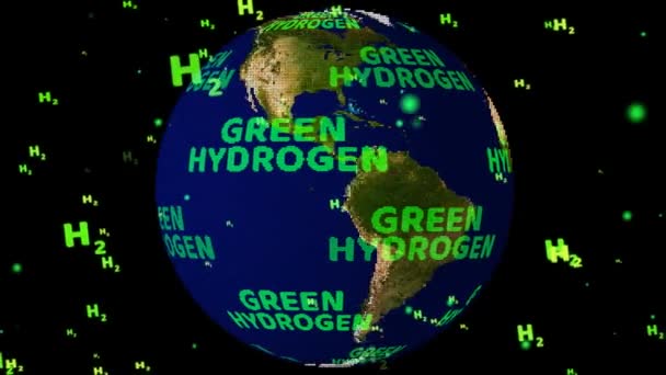 H2粒子で回転する緑色水素デジタルグリーンテキスト小さなボールとワールドマップ — ストック動画