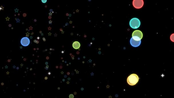 大圆坠落模糊彩虹五边形和圆形粒子元素在黑屏上漂浮对白星的爆裂作用 — 图库视频影像