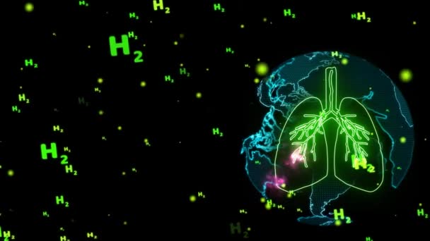 肺グリーンデジタルアニメーションとブラックスクリーンで飛んでいるグローバルおよび粒子グリーン水素内部のピンクのエネルギーの流れが付いている血管 — ストック動画