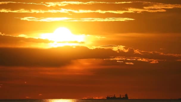 海とシルエットの貨物船の 暗い雲の上で夕暮れ — ストック動画