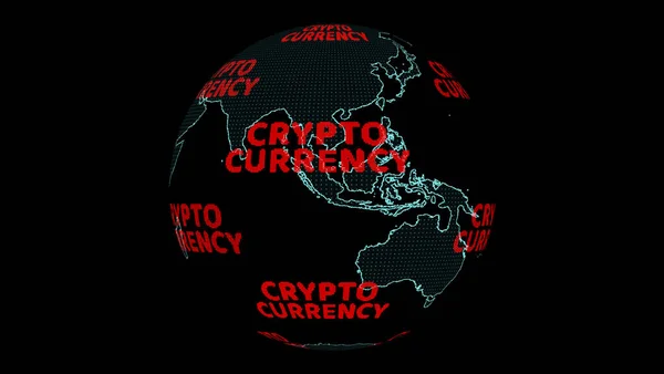 global and south east asia map with cryptocurrency digital red text on blaack isolated