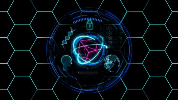 Cubo Azul Con Tecnología Futurista Atómica Holográfica Matriz Línea Cerebral — Vídeos de Stock