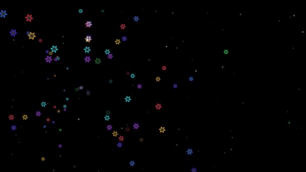 六边形恒星的粒子元素爆裂 白星漂浮在黑屏上 — 图库视频影像