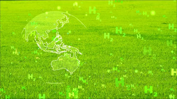 全球数码及东南亚带气泡绿色H2文字粒子在绿草背景上飘扬 概念绿色氢气清洁能源遍及全球 — 图库照片