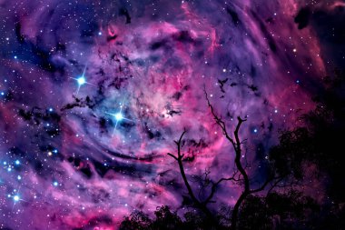 Lagoon nebulası, kuru dallı, koyu mavi gökyüzü, NASA tarafından desteklenen bu görüntünün elementleri.