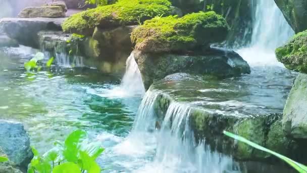 Cachoeira Azul Claro Com Uma Forte Corrente Entre Musgos Plantas — Vídeo de Stock