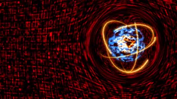 量子光红核和未来主义计算机动画 具有无限橙色原子运动的抽象背景 — 图库视频影像