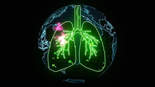 lung green digital animation and blood vessel with pink energy flow global and particle green hydrogen flying inside
