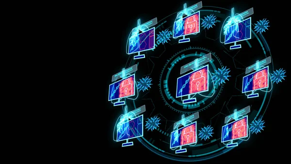 네트워크 시뮬레이션 바이러스 Covid 모니터 디지털 기술에 돌연변이 빨간색 잠금에 — 스톡 사진