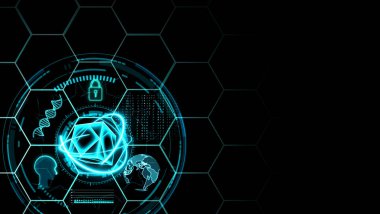 Atom engelleme zinciri ve holografik fütüristik dijital teknolojiye sahip küp. Altıgen arka planlı küresel secity DNA 'sına sahip.