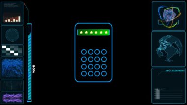 Veri görselleştirmeleri ve merkezi güvenlik tuş takımı ile fütüristik dijital arayüz. Bir bar grafiği, dairesel bir diyagram, küresel bir harita ve mavi düğmeli bir güvenlik tuş takımı içeriyor. Genel tema ileri teknoloji ve güvenlik öneriyor