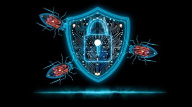 Kalkan hologram güvenlik kilidi koruma cihazı anti hack teknolojiyi doğrulamak ve tanımlamak için siyah ekran üzerindeki ateş etkisi çizgisinde
