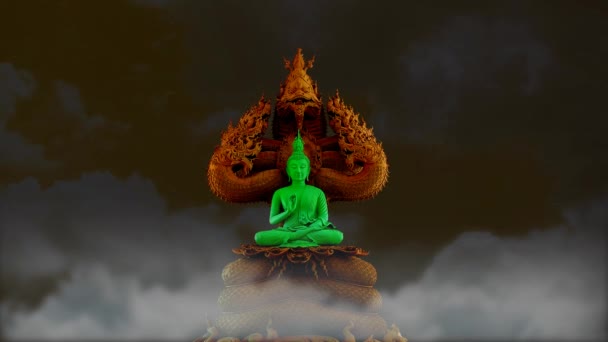 Bakır Kapüşonlu Yeşil Buda Efsanevi Kral Naga Tarafından Korunuyor Gri — Stok video