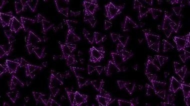 Soyut siyah arkaplan etrafında dönen yüz tane üçgen morumsu ve puple element boyutu