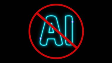Mavi neonlu yapay zeka, kırmızı bir daire çizerek yapay zekaya karşı yasak ya da uyarıyı işaret ediyor. konsept anti ai