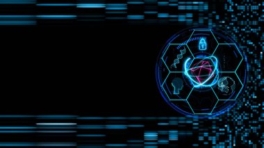 Atom engelleme zinciri ve holografik fütüristik teknolojiye sahip küp morumsu, dijital hız ışığı arka planına sahip beyin hattı matrisi küresel secity DNA 'sına sahip.