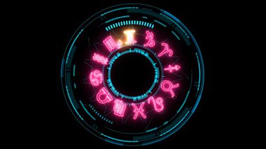 Renkli astrolojik semboller içeren canlı neon zodyak çemberi karanlık bir arkaplan üzerine kurulmuş, göksel enerjileri ve kişisel özellikleri temsil eden.