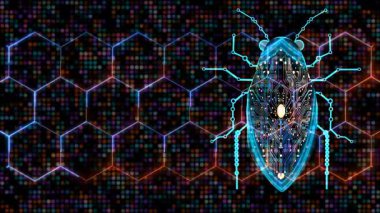 Fütürist dijital Bug Hexagon kılıcı ve animasyon soyut kırmızı turuncu sarı menekşe su mavi nokta mavi nokta ışık dalgalanması dalgaboyu dalgalanması, noktalı renkli altıgen desen ve Neon Parıltısı Efektleri