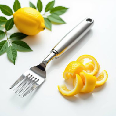 Çatal ve limon aromalı taze bir limon, canlı ve modern bir görünüm sunuyor. Mutfak temalı içerik veya mutfakla ilgili tasarımlar için ideal.