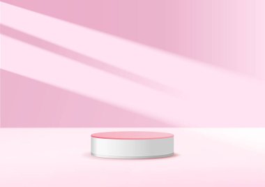 Abstract light pink and  white 3d cylinder pedestal. podium with window lighting pastel minimal wall scene. stand to show cosmetic products. Product presentation. Vector illustration
