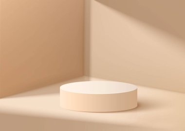 3D realistic products display beige podium stand pesestal on brown background with lighting. Pastel minimal scene for products showcase. cosmetic display mockup.Vector abstract illustration