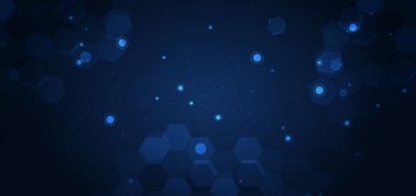 Koyu mavi arka planda parlayan fütüristik altıgen deseni. İletişim konsepti yeniliği. Vektör illüstrasyonu 