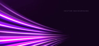 Koyu mor arka planda hareket eden parlak mor kıvrımlı ışınlar. Vektör illüstrasyonu