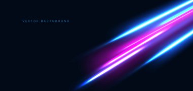 Yüksek hızlı mavi ve pembe neon köşegen ışınları koyu mavi arka planda. Hızlı hareket kavramı. Vektör illüstrasyonu