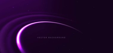 Koyu mor arka planda hareket eden parlak mor kıvrımlı ışınlar. Vektör illüstrasyonu