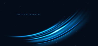 Yüksek hızda mavi kıvrımlı lazer ışınları siyah zeminde parıldıyor. Hızlı hareket kavramı. Vektör illüstrasyonu