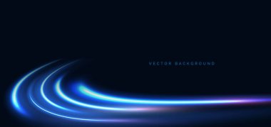 Koyu mavi arka planda parlak mavi girdaplar. Yüksek hızlı gece efekti bulanık hareket ediyor. Vektör illüstrasyonu
