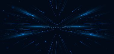 Koyu mavi arka planda köşegen şeklinde parlak mavi çizgiler. Yüksek hızlı hareket kavramı. Vektör illüstrasyonu