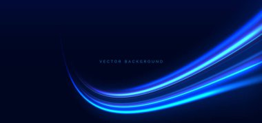 Koyu mavi arka planda parlayan açık mavi kollu ışınlar. Yüksek hızlı hareket kavramı. Vektör illüstrasyonu